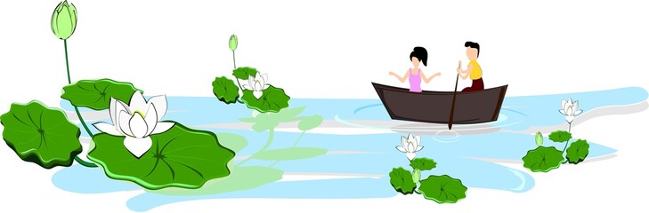 Lotus in the river And women - men, paddling, nature, calm, relaxing, tropical in the river, simple design, flat