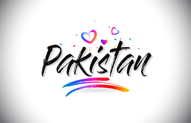Pakistan Welcome To Word Text with Love Hearts and Creative Handwritten Font Design Vector.
