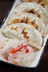 Close-up of fried korean potstickers served on a plate, vertical shot, selective focus