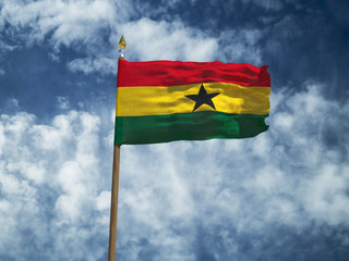 Ghana flag Silk waving flag of Ghana made transparent fabric with wooden flagpole gold spear on background sunny blue sky white smoke clouds real retro photo Countries of world 3d illustration
