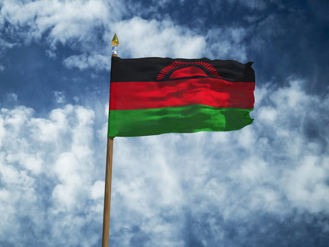 Malawi flag Silk waving flag of Malawi made transparent fabric with wooden flagpole gold spear on background sunny blue sky white smoke clouds real retro photo Countries of world 3d illustration - Powered by Adobe