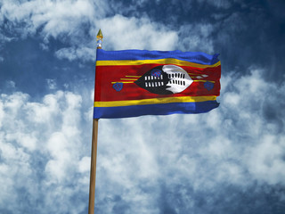 Swaziland flag Silk waving flag of Swaziland made transparent fabric with wooden flagpole gold spear on background sunny blue sky white smoke clouds real retro photo Countries of world 3d illustration