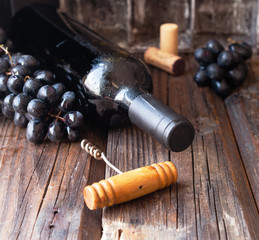 Fototapeta na wymiar Bottle of red wine with fresh grape and bunch of corks on wooden table