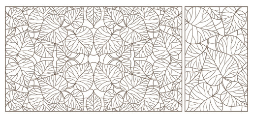 Set of contour illustrations of stained glass Windows with abstract leaf backgrounds, dark outlines on white background