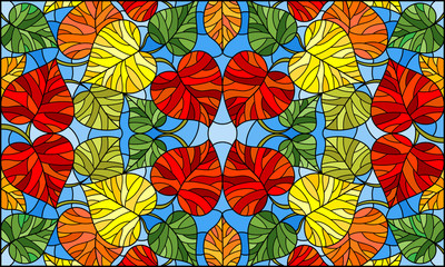 Obraz na płótnie Canvas Illustration in stained glass style with abstract leaf pattern, colorful leaves on blue background