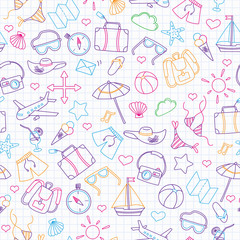 Seamless background with simple hand-drawn icons on the theme of summer and vacation, colour outline on the clean writing-book sheet in a cage