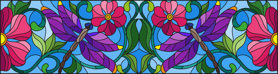 Illustration in stained glass style with bright dragonflys, flowers and leaves, on a blue background