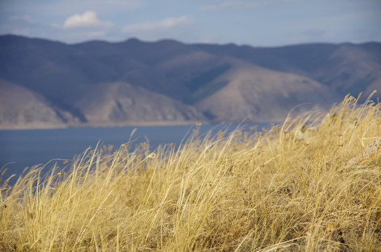 Yellow dry grass. Lake Sevan and mountain range at background. Near Sevanavank (Sevan Monastery) in the Gegharkunik Province of Armenia