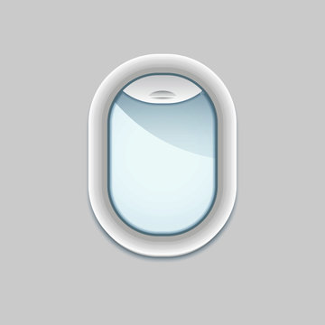 Airplane window inside view. Vector porthole with transparent glass. Aircraft window template isolated.