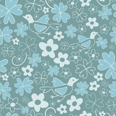 Seamless pattern with flowers and birds, vector illustration. dark green background spring garden collections
