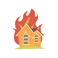 Burning house with fire outside the walls isolated on white background