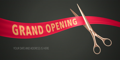 Grand opening vector illustration, banner. Design element with elegant scissors