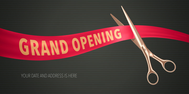 Grand opening vector illustration, banner. Design element with elegant scissors