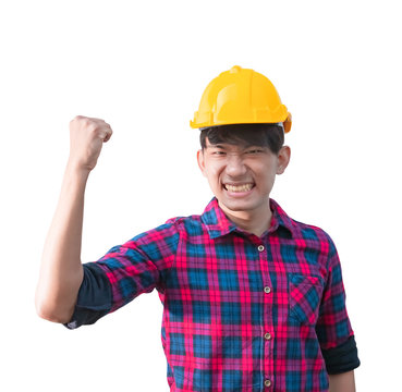 Engineer construction man wear yellow safety helmet plastic raise fist irritated and angry isolated on white background