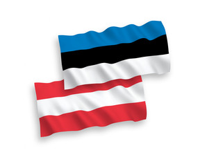 National vector fabric wave flags of Austria and Estonia isolated on white background. 1 to 2 proportion.