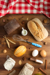 bread and bakery ingredients on wood