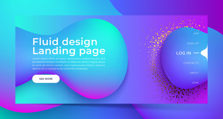 Landing page with Trendy colorful liquid gradients. Fluid colorful shapes, gold glitter. Modern artwork  shapes from acrylic epoxy. Vector