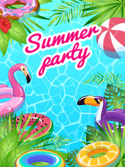 Pool party card. Swim summer inflatable toys poster fun tropical beach flyer lifesaver equipment children sea