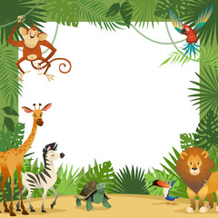 Obraz na płótnie Canvas Jungle animals card. Frame animal tropical leaves greeting baby banner zoo border template party children