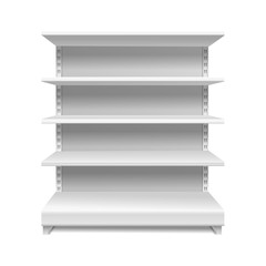 White supermarket shelves. Retail rack shop shelving blank shelves empty showcase store bookcase isolated 3d mockup