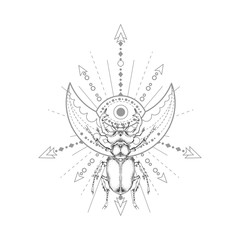 Vector illustration with hand drawn stag beetle and Sacred geometric symbol on white background. Abstract mystic sign.