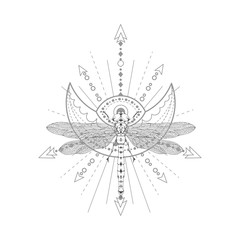 Fototapeta na wymiar Vector illustration with hand drawn dragonfly and Sacred symbol on white background. Abstract mystic sign.
