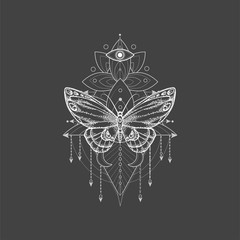 Vector illustration with hand drawn butterfly and Sacred geometric symbol on black background. Abstract mystic sign.