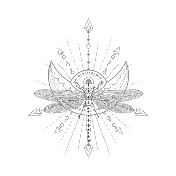 Vector illustration with hand drawn dragonfly and Sacred symbol on white background. Abstract mystic sign.