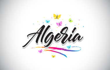 Algeria Handwritten Vector Word Text with Butterflies and Colorful Swoosh.