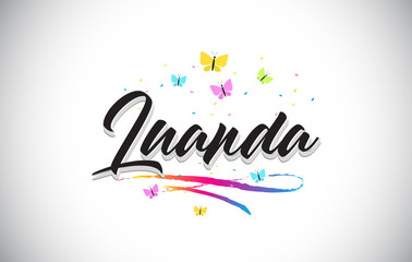 Fototapeta na wymiar Luanda Handwritten Vector Word Text with Butterflies and Colorful Swoosh.