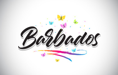 Barbados Handwritten Vector Word Text with Butterflies and Colorful Swoosh.