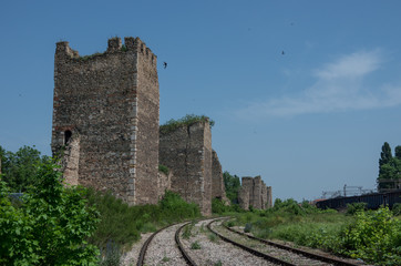 Fototapeta na wymiar Wall and towers of Smederevo Fortress is a medieval fortified city in Smederevo, Serbia, which was temporary capital of Serbia in the Middle Ages.