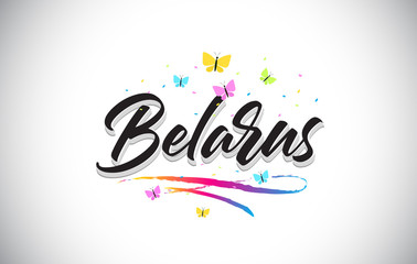 Fototapeta na wymiar Belarus Handwritten Vector Word Text with Butterflies and Colorful Swoosh.