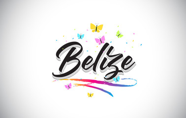 Belize Handwritten Vector Word Text with Butterflies and Colorful Swoosh.