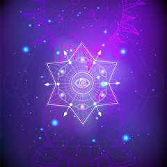 Naklejka premium Vector illustration of Sacred or mystic symbol on abstract background. Geometric sign drawn in lines. Purple and pink color.
