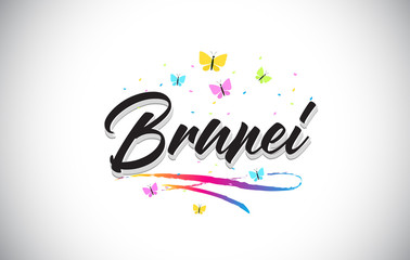 Brunei Handwritten Vector Word Text with Butterflies and Colorful Swoosh.