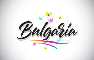 Bulgaria Handwritten Vector Word Text with Butterflies and Colorful Swoosh.