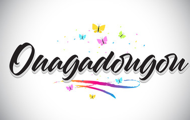 Ouagadougou Handwritten Vector Word Text with Butterflies and Colorful Swoosh.