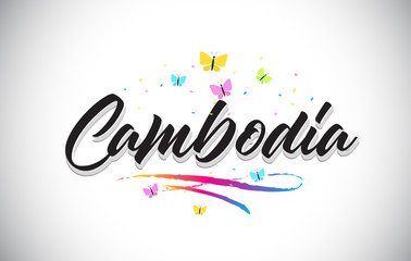 Cambodia Handwritten Vector Word Text with Butterflies and Colorful Swoosh.