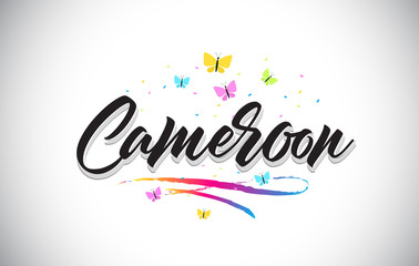 Cameroon Handwritten Vector Word Text with Butterflies and Colorful Swoosh.