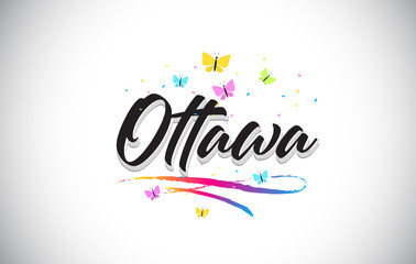 Ottawa Handwritten Vector Word Text with Butterflies and Colorful Swoosh.