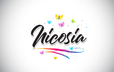 Nicosia Handwritten Vector Word Text with Butterflies and Colorful Swoosh.