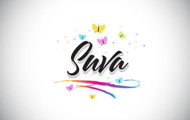 Fototapeta na wymiar Suva Handwritten Vector Word Text with Butterflies and Colorful Swoosh.