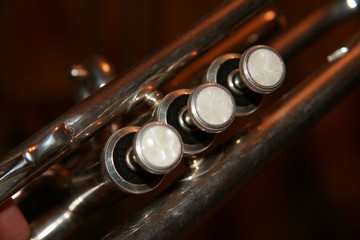 Naklejka premium The trumpet valves on the brown background