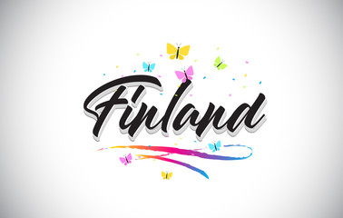Finland Handwritten Vector Word Text with Butterflies and Colorful Swoosh.