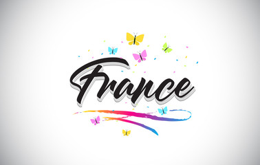 Fototapeta na wymiar France Handwritten Vector Word Text with Butterflies and Colorful Swoosh.