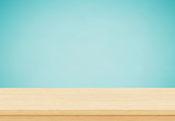 Empty wood table top on blue background, Template mock up for display of product