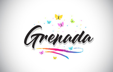 Grenada Handwritten Vector Word Text with Butterflies and Colorful Swoosh.