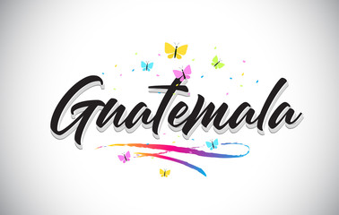 Guatemala Handwritten Vector Word Text with Butterflies and Colorful Swoosh.