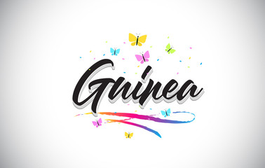 Guinea Handwritten Vector Word Text with Butterflies and Colorful Swoosh.